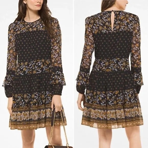 Michael Kors Dresses & Skirts - Michael Kors Mixed Botanical Print Georgette Dress Boho Flowy Women’s Size XXS
